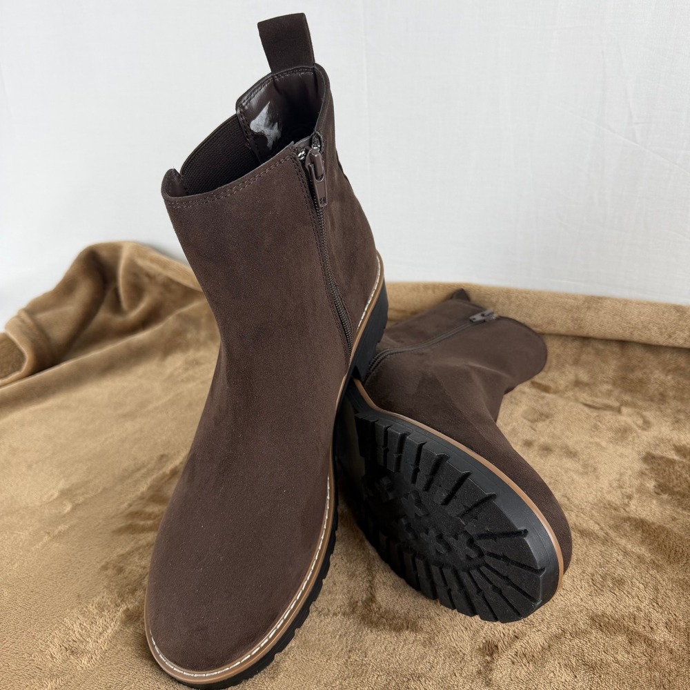 Kensie Kayla Womens Brown Faux Suede Chelsea Ankle Boots Lug Sole Size 11M